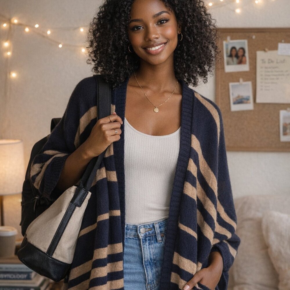 Gap Navy & Tan Striped Open Front Cardigan One Size Lightweight Layering Piece
